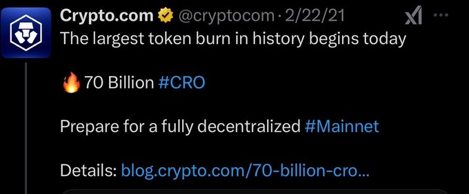 Crypto.com (@cryptocom) tweet from 2/22/21 announcing the largest token burn in history: 70 Billion #CRO, preparing for a fully decentralized #Mainnet.
