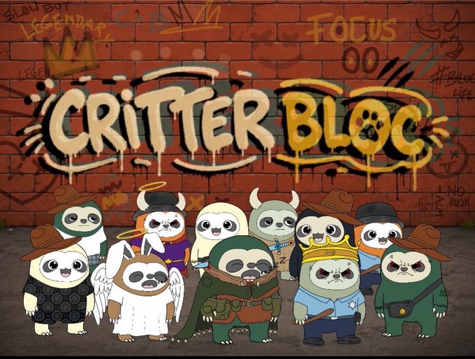 A 'CRITTER BLOC' graffiti mural features a group of cartoon animal characters in various costumes including a cowboy, angel, and police officer against a brick wall background.