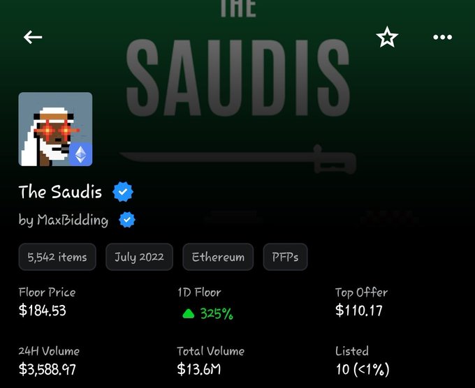 OpenSea collection page for "The Saudis" NFT by MaxBidding on Ethereum (July 2022), showing 5,542 items, a floor price of $184.53, a 1D floor increase of 325%, and a top offer of $110.17.