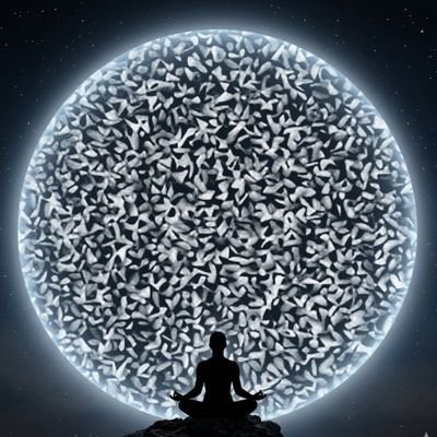 A silhouetted figure meditates in lotus position beneath a massive sphere filled with countless tiny human forms, set against a starry cosmic backdrop. The image visually amplifies the post's contemplative theme, suggesting deep introspection on identity, collective consciousness, or inner stillness.