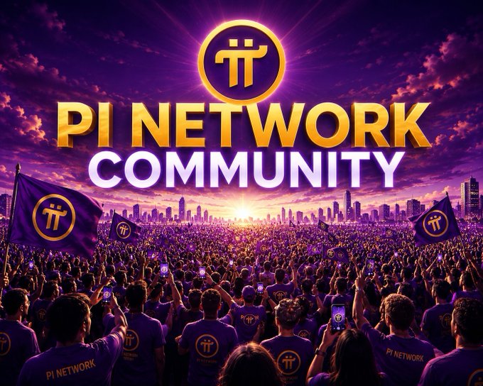 A promotional banner for 'PI Network Community' showing a large crowd of people holding up phones and purple Pi Network flags under a dramatic purple and orange sky with a city skyline.