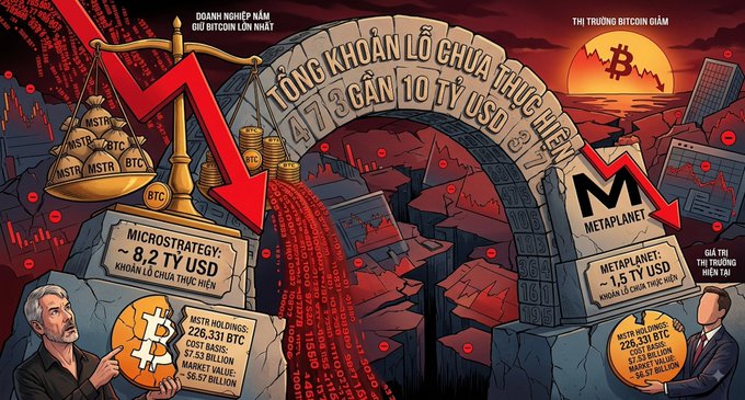 A dramatic illustrated graphic in Vietnamese showing cryptocurrency losses with red downward arrows, Bitcoin logos, and mentions of 'MicroStrategy' (~8.2 TỶ USD) and 'Metaplanet' (~1.5 TỶ USD).