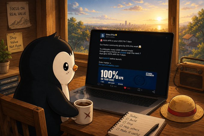 An illustration of a penguin character sitting at a desk with coffee, looking at a laptop showing an Etha Ship tweet about a 100% APR Harbor community giveaway, with notes reading "Ship Value Not Hype."
