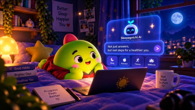 A green cartoon mascot character wearing a red nightcap lies in bed using a laptop displaying a 'Sleepagotchi AI' interface with health tips and wellness categories like Sleep, Nutrition, Fitness, and Wellness, surrounded by cozy bedroom decor with 'Better Sleep Happier You' and 'Progress Feels Better' signs.