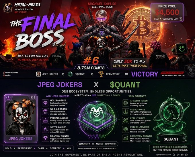 A promotional graphic titled 'THE FINAL BOSS' featuring characters like Michael Saylor, the Joker, and others, advertising a crypto/NFT competition with a $4,500 prize pool involving 'JPEG JOKERS' and '$QUANT'.
