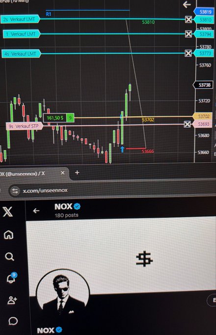 A trading chart on the Epic (10 Min) timeframe shows multiple sell limit orders (2x, 1x, 1x, 1x, 9x) stacked between 53692-53819 with a filled sell stop at 53666, while below sits the X/Twitter profile of @unseennox (NOX). The image embodies the quote "I don't have hobbies. I have trading sessions." by showing an active, meticulously planned short-side setup—proof that the trader's "hobby" is the structured, disciplined work of placing layered orders and waiting for the market to come to them.