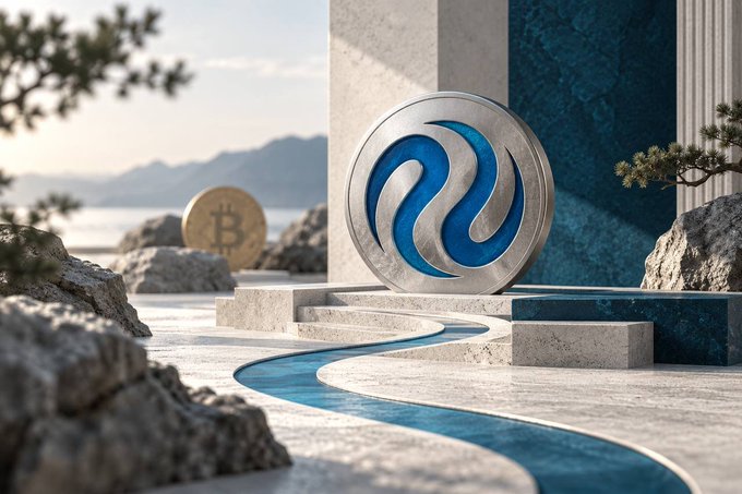 A 3D-rendered scene featuring a large blue circular logo with swirling silver patterns mounted on a stone pedestal, with a golden Bitcoin coin visible in the background near a coastal landscape.