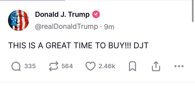 The image features a post by Donald J Trump, which reads "This is a great time to buy $ DJT". The post includes an image of the former US President with the text "Trump: Now is the golden opportunity to buy $ DJT" written below him. The post also has a hashtag "#realdonaldtrump9m", indicating that it's related to Donald Trump and his tweets.