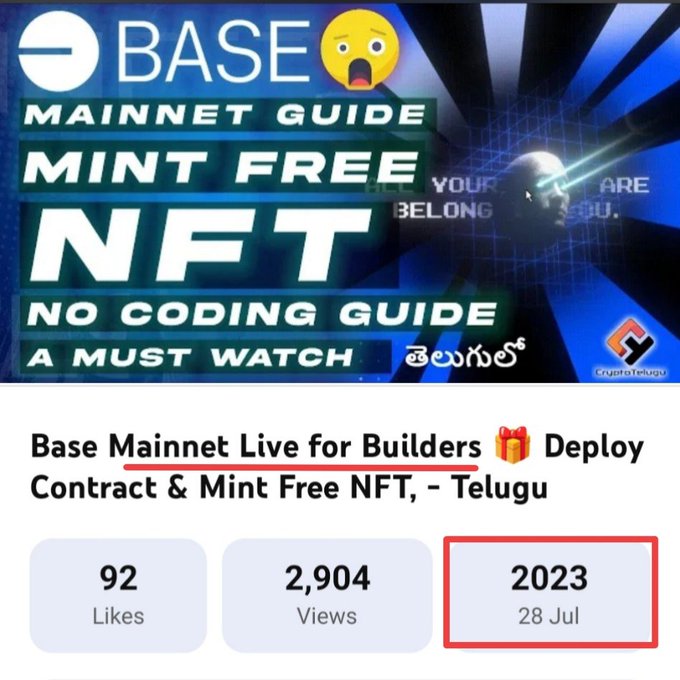 The image is a YouTube thumbnail for a Telugu tutorial titled "Base Mainnet Live for Builders 🎁 Deploy Contract & Mint Free NFT," posted by CryptoTelugu on 28 Jul 2023, showing 92 likes and 2,904 views.

It relates to the post by highlighting an early "Builders NFT" mint opportunity available before Base's public launch, referencing the project that the poster has engaged with for 3 years.