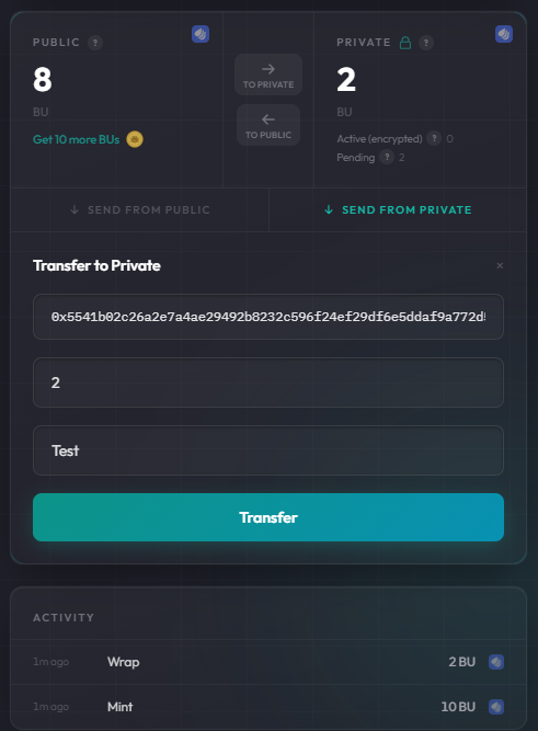 The image shows a screenshot of a phone screen with a message box displaying instructions for joining a private network. The instructions include connecting to the network using a public key, entering the public key into the "Connect" field, and then wrapping the key in a virtual envelope called a "mint test token". The text on the screen provides step-by-step guidance on how to join the network securely.