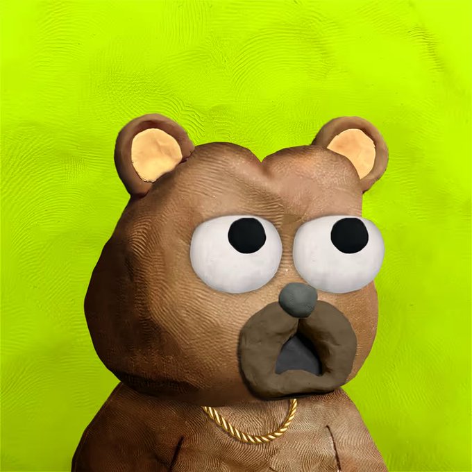 A 3D-rendered brown bear character with large googly eyes, a black nose, and a gold chain necklace stands against a bright green textured background.