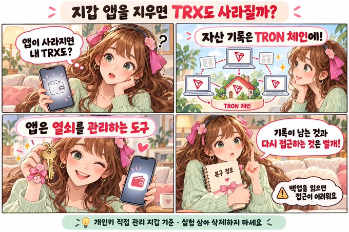 A Korean illustrated comic strip about TRXE app with text including '지금 앱을 치우면 TRXE 사라질까?' and '앱을 열쇠를 관리하는 도구', featuring a young woman with brown hair in various scenes with a phone, keys, and a notebook.