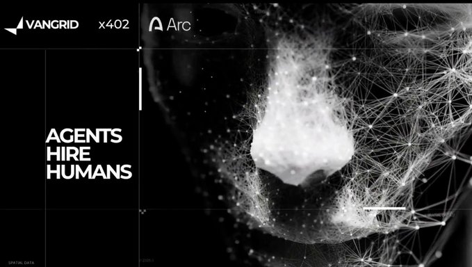 A promotional graphic with logos for 'VANGRID' and 'Arc', featuring the text 'AGENTS HIRE HUMANS' alongside an abstract geometric visual.