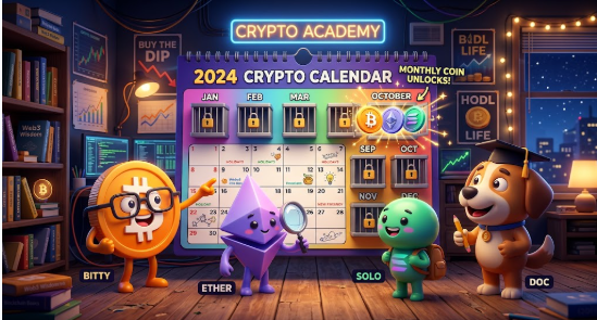 A 'CRYPTO ACADEMY 2024 CRYPTO CALENDAR' featuring cartoon characters labeled Bitty (Bitcoin), Ether, Solo, and Doc (Dogecoin) standing in front of a monthly calendar display.