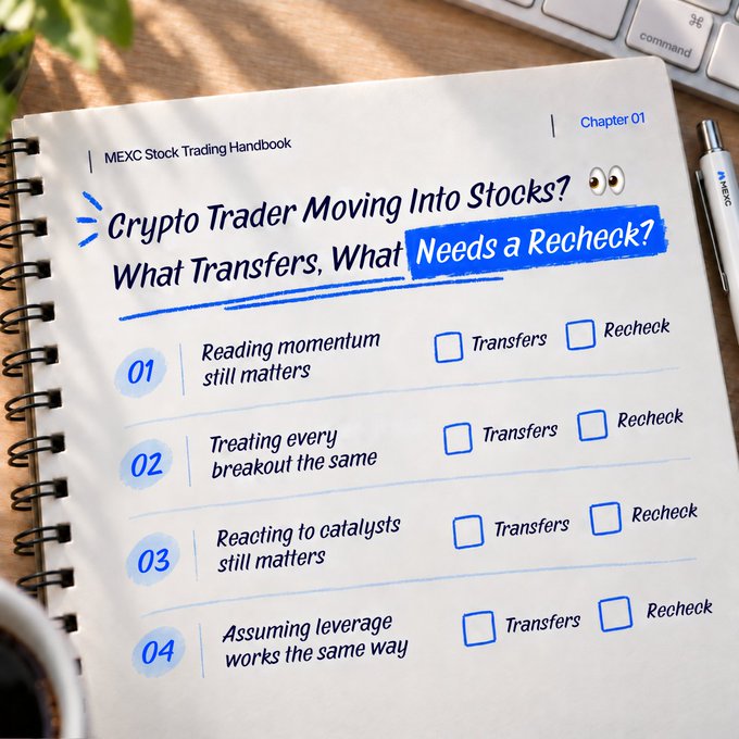 A spiral-bound MEXC Stock Trading Handbook sits on a desk beside a keyboard and pen, with Chapter 01 titled "Crypto Trader Moving Into Stocks? What Transfers, What Needs a Recheck?" alongside an emoji. The page lists four checklist items—Reading momentum still matters, Treating every breakout the same, Reacting to catalysts still matters, and Assuming leverage works the same way—each with "Transfers" and "Recheck" checkboxes, illustrating the post's call for crypto traders to evaluate which skills carry over to stocks.