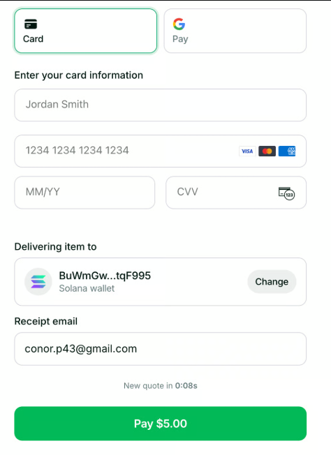 A payment checkout screen with Card and Google Pay options, filled with the name 'Jordan Smith', card details, delivery to a Solana wallet 'BuWmGw...tqF995', receipt email, and a green 'Pay $5.00' button.