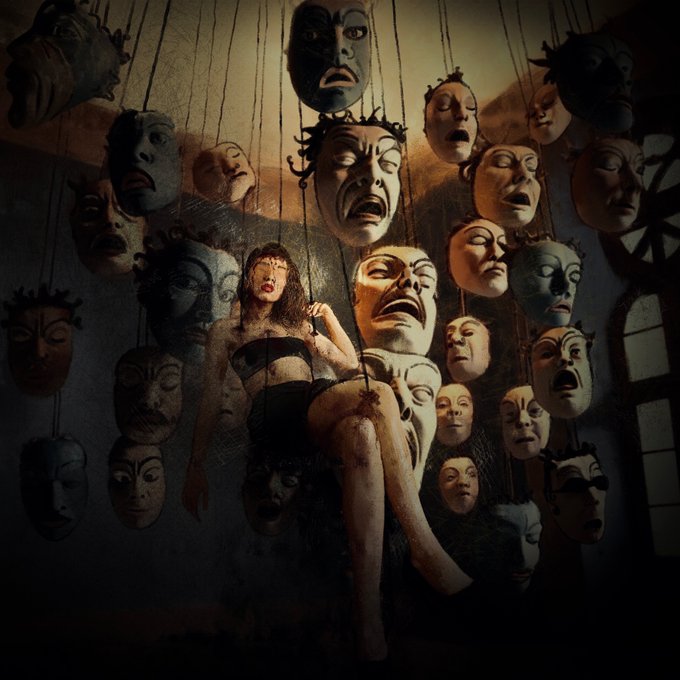 An atmospheric image shows a woman seated amidst a collection of hanging theatrical masks displaying various expressions, rendered in a dark, moody style.
