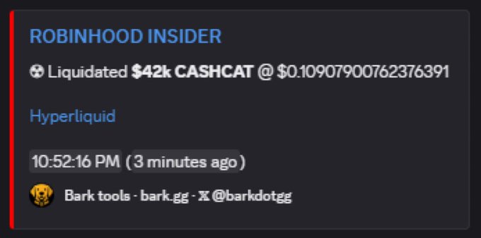 An alert from a tracking bot shows a "ROBINHOOD INSIDER" wallet on Hyperliquid being liquidated for $42k in CASHCAT at a precise price of $0.10907900762376391, illustrating the post's claim that a Robinhood employee suffered losses on an insider long position that was likely front-run due to a poorly executed token listing.