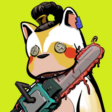An illustration of a cartoon dog character with 'X' marks for eyes, holding a bloody chainsaw against a bright yellow-green background.