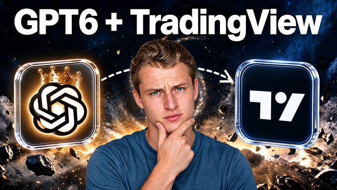 A young man in a blue shirt poses thoughtfully between ChatGPT and TradingView icons, with the bold header "GPT6 + TradingView" displayed against a cosmic background, illustrating a tutorial on connecting these two platforms.