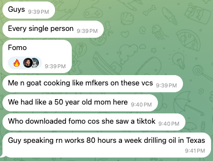 A group chat screenshot shows users laughing about a 50-year-old mom who downloaded the Fomo app after seeing a TikTok, alongside messages joking about "every single person" experiencing "Fomo" and noting that even someone working 80-hour weeks in Texas oil fields is tuned in. The image supports the post's claim that the $cate ecosystem is rapidly onboarding tens of thousands of new crypto users through Fomo's accessibility and Apple Pay integration.