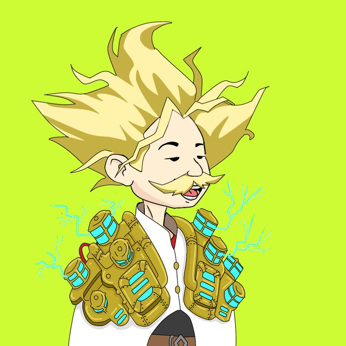 A cartoon illustration of a character with spiky blonde hair, a mustache, and a futuristic golden vest with glowing blue tubes, set against a lime green background.