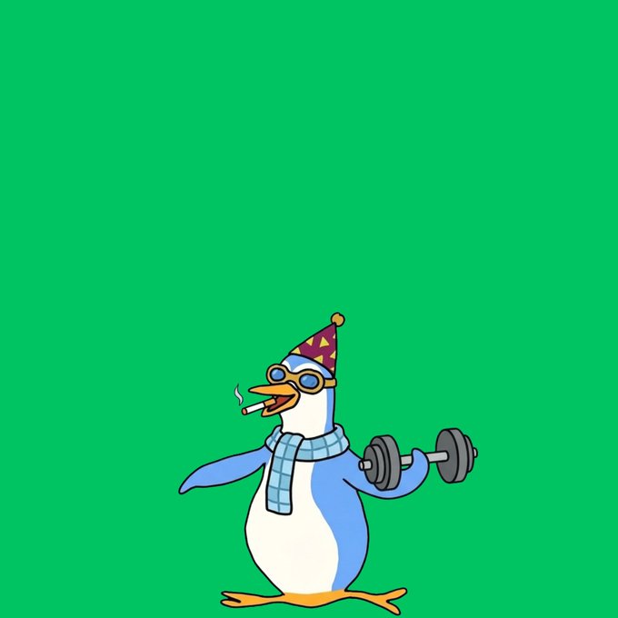 A cartoon penguin wearing a party hat, sunglasses, scarf, and holding a dumbbell while smoking a cigarette, set against a solid green background.