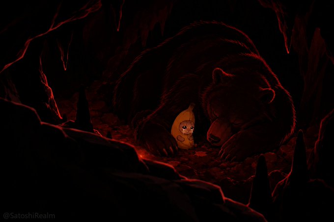 A dark, atmospheric illustration credited to @SatoshiRealm showing a large bear in a dimly lit cave tenderly holding a small yellow Bitcoin character.