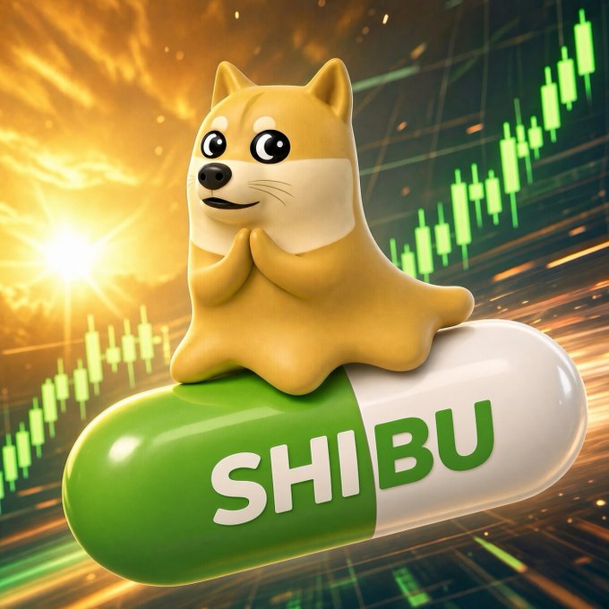 A 3D-rendered Shiba Inu dog sits on a green and white capsule labeled 'SHIBU' against a background featuring rising stock market charts.