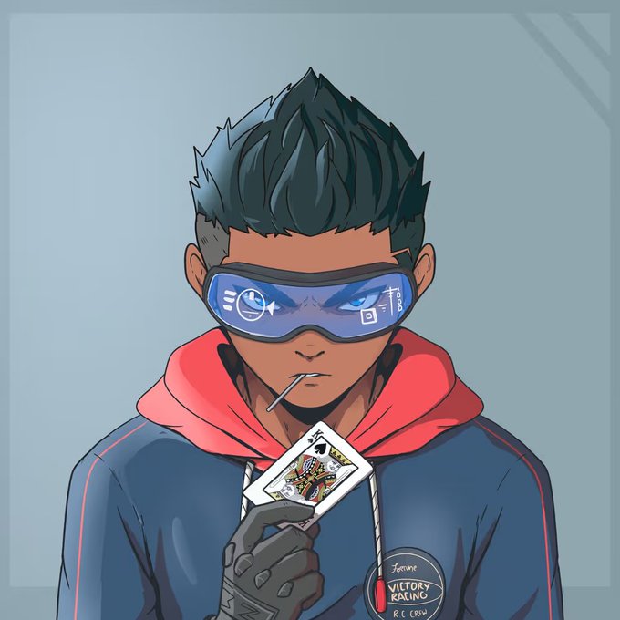 Digital illustration of an anime-style character with spiky dark hair, blue reflective visor goggles, a stick in his mouth, holding a playing card (Jack of Spades), wearing a 'Victory Racing R/C Crew' hoodie.