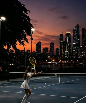 The image features a woman playing tennis, holding her racket up as she prepares to hit an incoming ball. She is dressed in white clothing and standing on a blue tennis court with several sports balls scattered around her. The scene takes place at dusk, with the sky painted in warm hues of orange and yellow, creating a beautiful backdrop for the game. In the background, there are tall buildings that add to the urban atmosphere surrounding the tennis court.