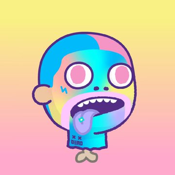 A colorful cartoon zombie-like character with blue and pink skin, large white eyes, and an open mouth, set against a yellow-to-pink gradient background.