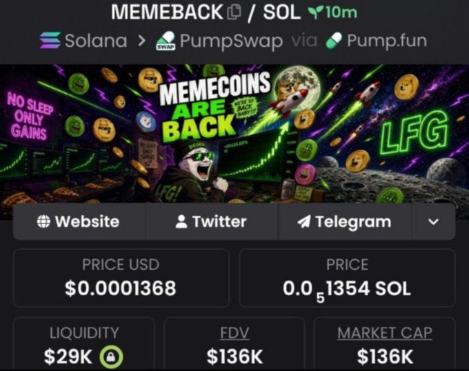 A cryptocurrency information panel for a token called 'MEMEBACK' on the Solana blockchain via PumpSwap, showing 'PRICE USD $0.0001368', 'LIQUIDITY $29K', 'FDV $136K', and 'MARKET CAP $136K', alongside meme coin imagery.