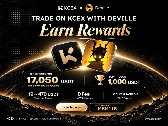 Promotional banner for 'KCEX x Deville' titled 'TRADE ON KCEX WITH DEVILLE Earn Rewards,' highlighting a daily reward pool of 17,050 USDT, top trader prize of 1,000 USDT, and referral code MSM11S.