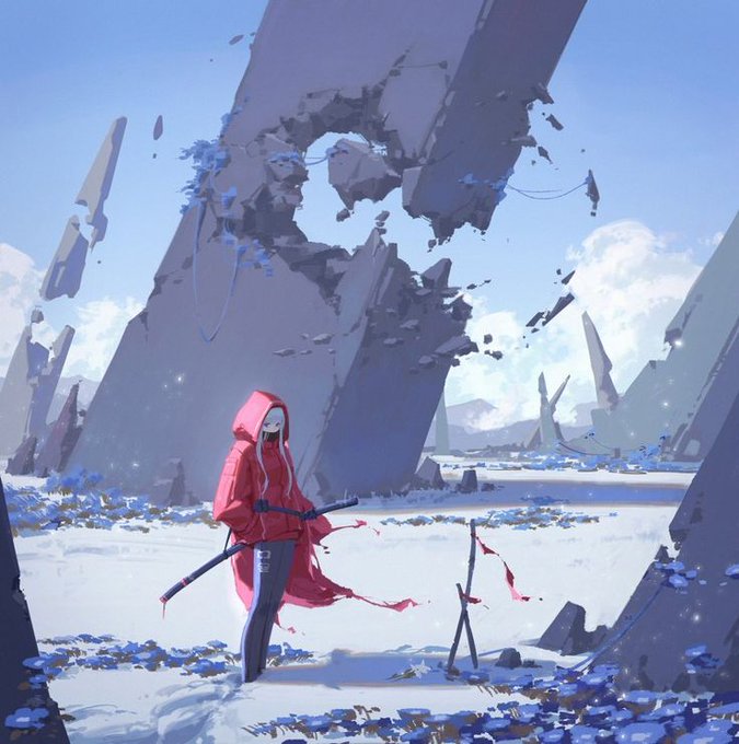 The image features an artist's illustration of a person dressed in red clothing holding a sword while standing in front of a pile of rubble or ruins. The background includes rocks and other elements that contribute to the overall gloomy atmosphere of the scene. The caption provided seems unrelated to the artwork, as it focuses on financial matters rather than the visual representation depicted in the image.