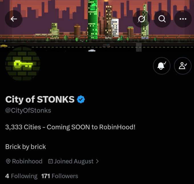A Twitter/X profile page for 'City of STONKS' (@CityOfStonks) featuring pixel art of a city skyline, with bio reading '3,333 Cities - Coming SOON to RobinHood! Brick by brick' and 171 followers.