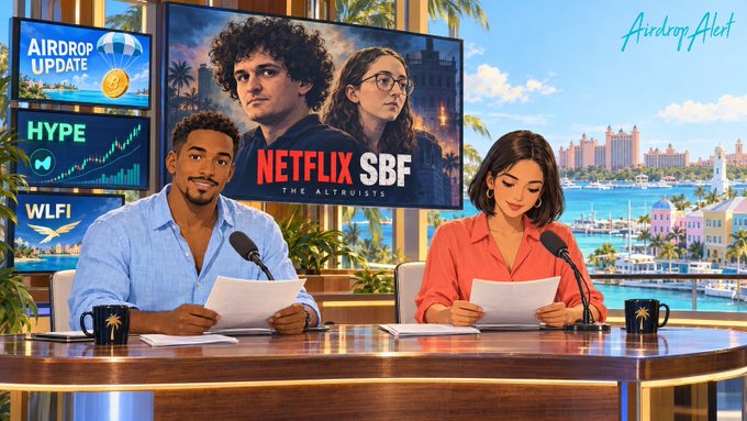 Two presenters at a news desk report on crypto headlines, featuring a screen titled "NETFLIX SBF THE ALTRUISTS" alongside ticker panels for "AIRDROP UPDATE," "HYPE," and "WLFI," with an "Airdrop Alert" banner and tropical harbor backdrop—visually summarizing the post's coverage of the upcoming SBF mini-series, WLFI app, 3x leverage approval, and HYPE listing.