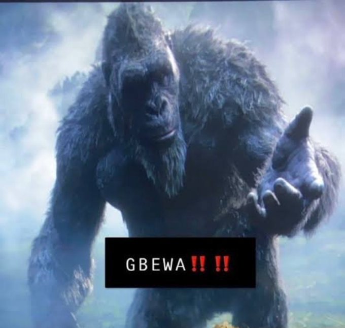A meme featuring a large gorilla reaching toward the camera with the caption 'GBEWA!!!' in a black text box.