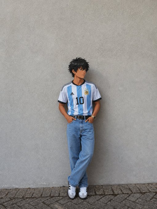 A mural-style illustration of a young man wearing an Argentina #10 soccer jersey and blue jeans, leaning against a plain gray wall on a cobblestone surface.
