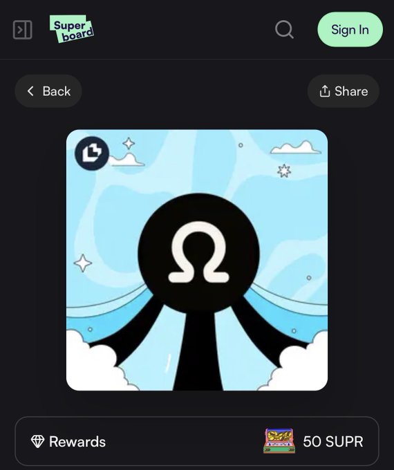 A Superboard mobile app screen displaying an NFT artwork featuring a black figure with an Omega (Ω) symbol on a blue sky background, offering 50 SUPR as a reward.