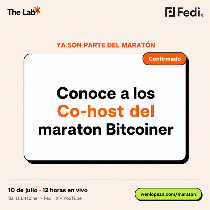 Promotional graphic from The Lab and Fedi announcing confirmed co-hosts for the 'maraton Bitcoiner' on July 10, with a 12-hour live stream and link wenlopezn.com/maraton.