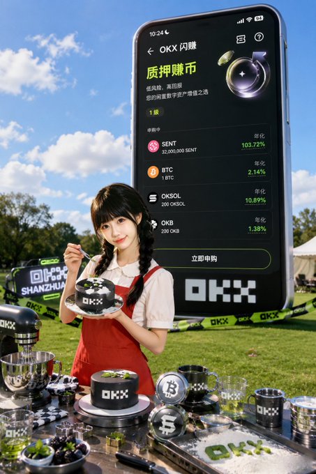 A young woman in a red apron stands outdoors beside a large smartphone displaying the OKX Flash Earn page, promoting an event offering 32,000,000 SENT in total rewards from 2026.7.17 15:00 to 2026.7.27 15:00. The scene includes branded OKX merchandise like bowls, cups, and kitchen items arranged on a table, reinforcing the promotional theme mentioned in the post about Misa and the Flash Earn launch.