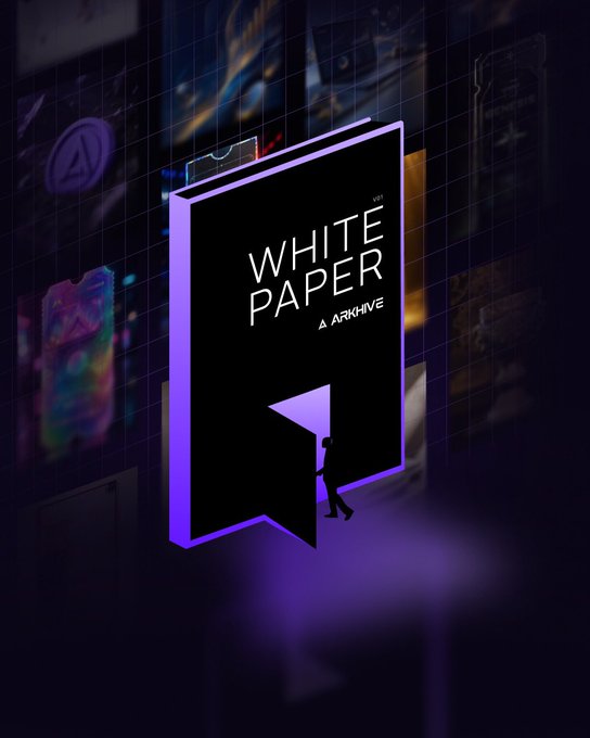 A 3D render of a book titled 'WHITE PAPER' by 'AARHIVE' with a small figure pushing it open, set against a dark background with floating UI elements.