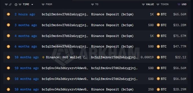 Screenshot of a Bitcoin transaction history showing multiple large deposits from Binance to an address beginning with 'bc1qlfmc6nv...', with values ranging from 250 to 1000 BTC.