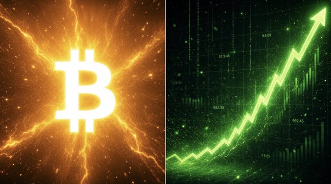 A split image showing the Bitcoin logo in orange flames on the left and a green upward-pointing price chart with various numerical values on the right.