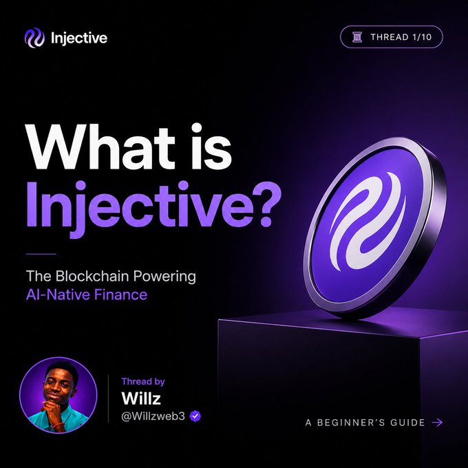 Cover graphic for a thread titled 'What is Injective? The Blockchain Powering AI-Native Finance' by Willz (@Willzweb3), labeled 'THREAD 1/10' and 'A BEGINNER'S GUIDE.'
