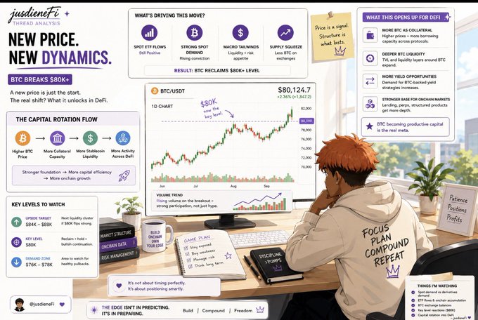 An infographic by 'jasdieneFT' titled 'NEW PRICE, NEW DYNAMICS' analyzing Bitcoin's breakout above $80K, with sections on driving factors, DeFi implications, key price levels, and a candlestick chart showing BTC/USDT at $80,124.7.