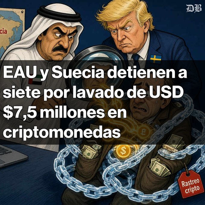 A Spanish-language news graphic headlined 'EAU y Suecia detienen a siete por lavado de USD $7,5 millones en criptomonedas', depicting cartoon figures of UAE and Swedish leaders alongside a bound figure with chains and a 'Rastreo cripto' tag.