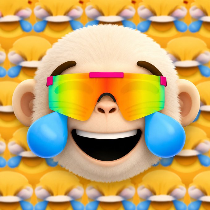 A 3D-rendered cartoon monkey character wearing rainbow-tinted sunglasses, laughing with an open mouth, set against a repeating tiled background of the same character.