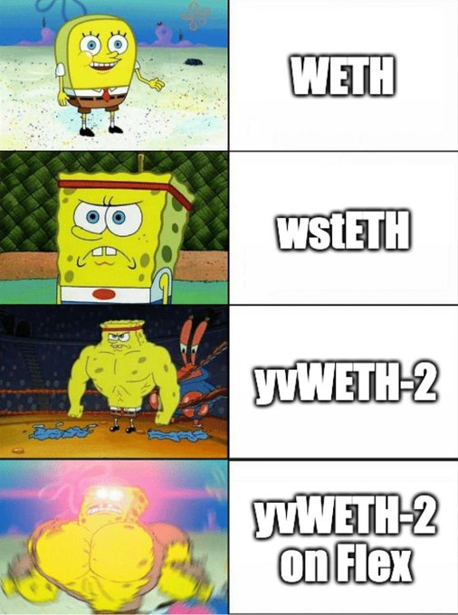 A four-panel SpongeBob meme showing the character progressively getting stronger with labels 'WETH', 'wstETH', 'yvWETH-2', and 'yvWETH-2 on Flex'.
